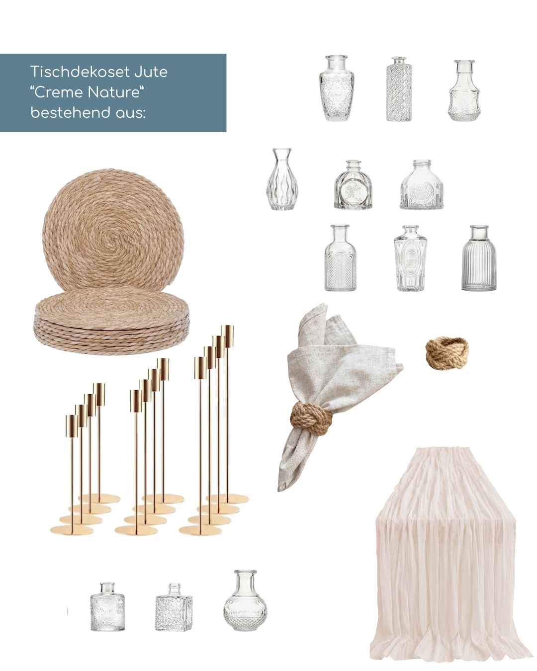 Tischdeko mieten natur creme für Hochzeit Geburtstag und Kommunion