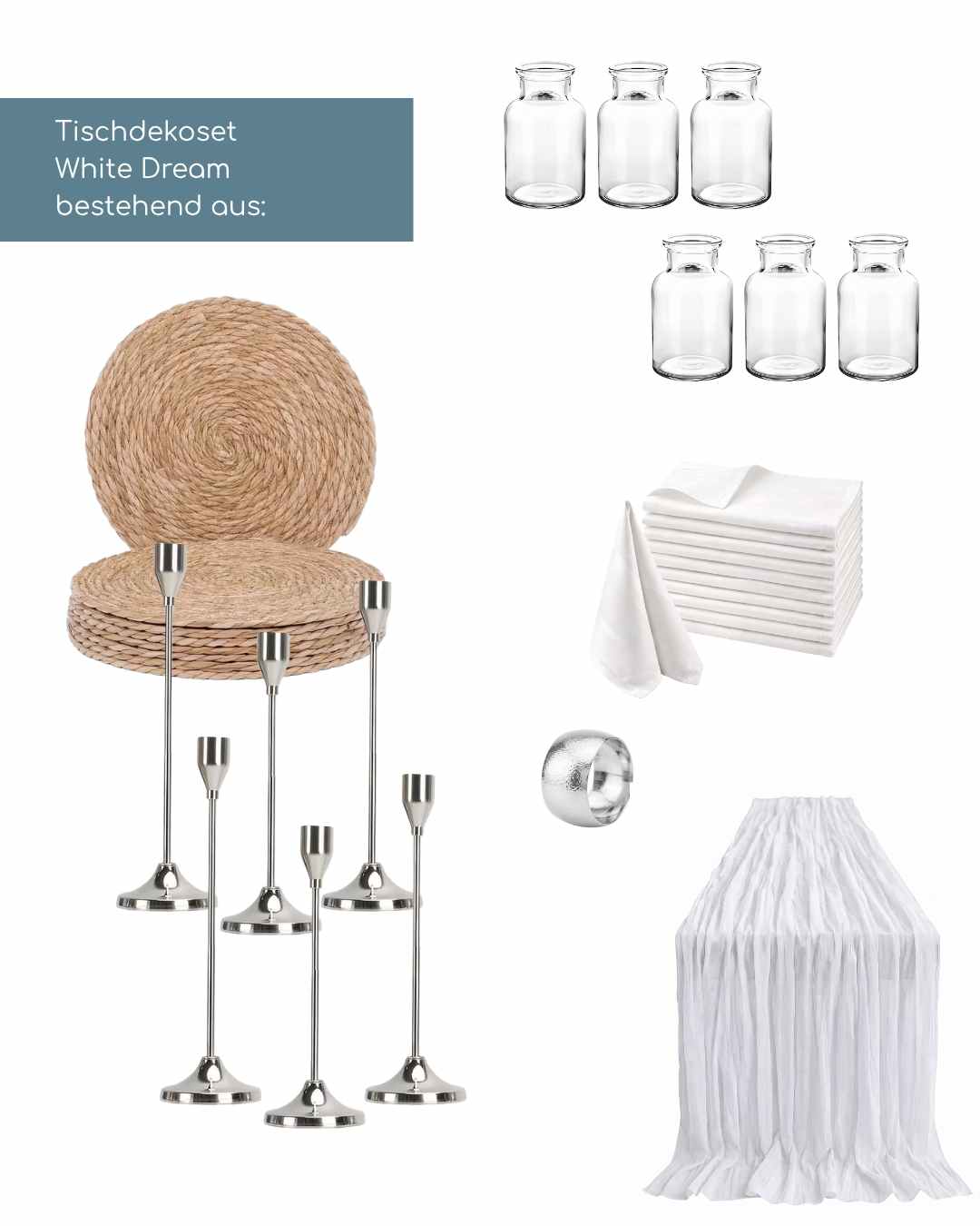 Tischdekoration weiss mieten für Hochzeit im boho-style
