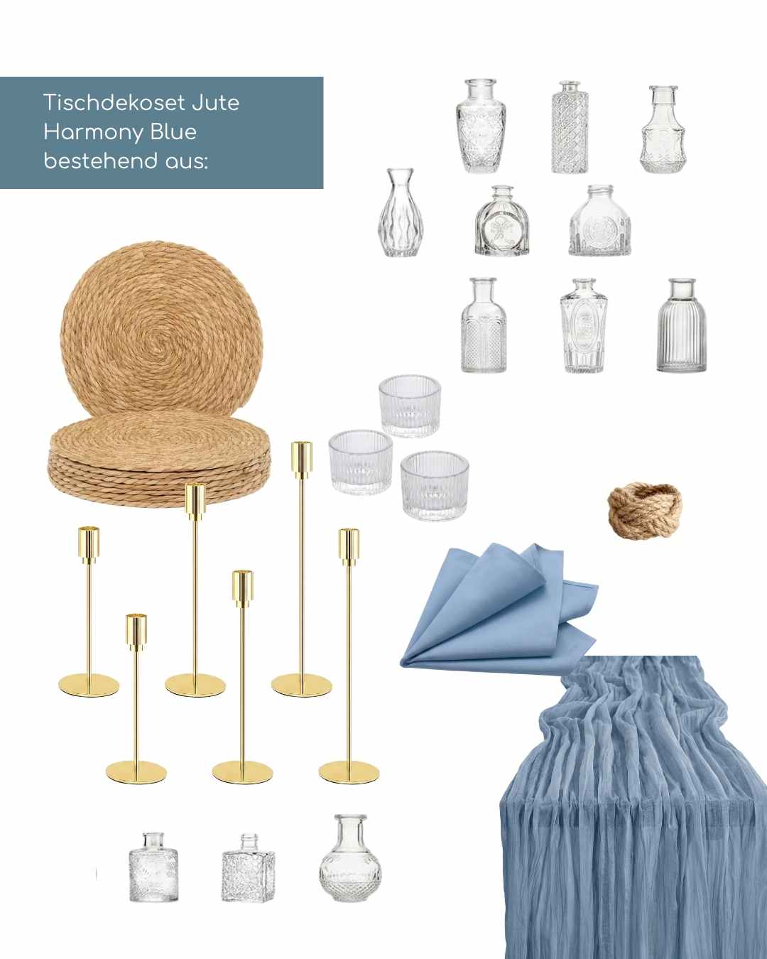 Tischdekration blau mieten für Taufe, Kommunion , Hochzeit, Geburtstag und Event