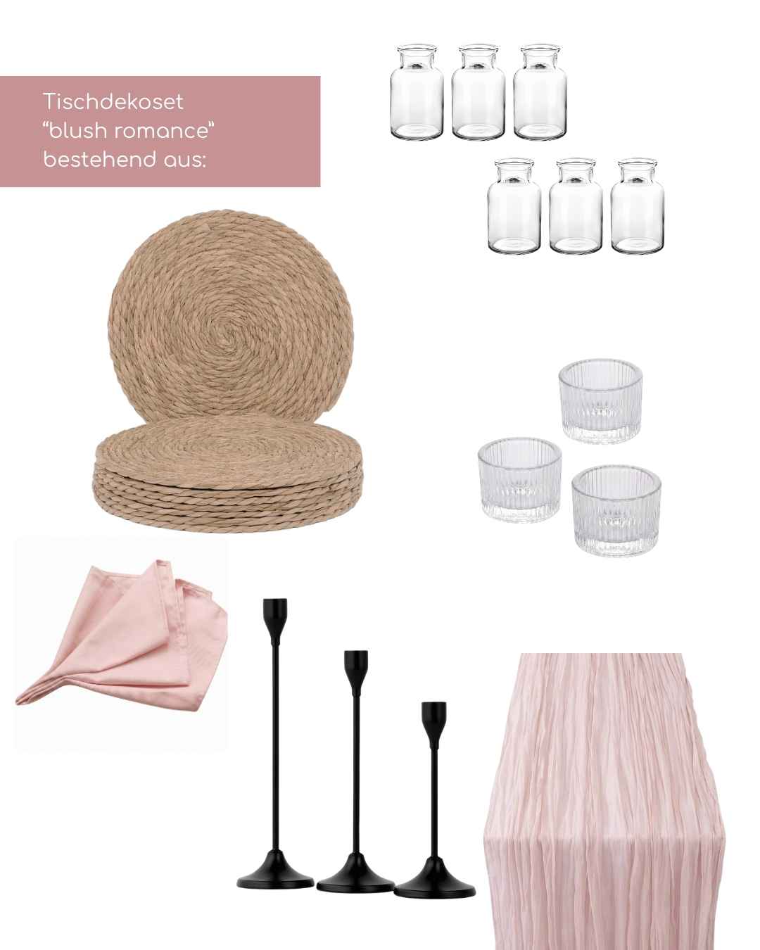 Tischdekoset Blush Romance rosa Mietset für Hochzeit, Geburtstag Raum Limburg Weilburg